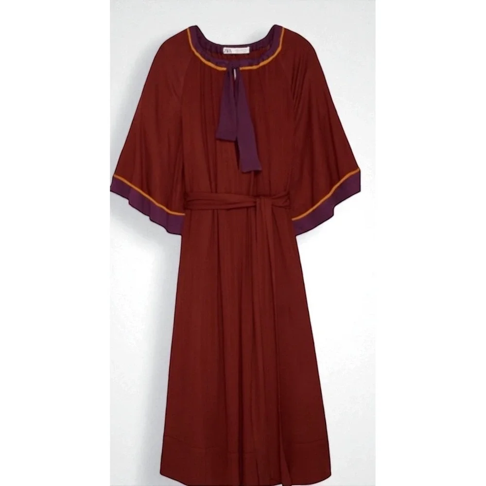 Zara Limited Edition‎ Contrasting Midi Dress Burgundy Wine Belted Size M NWOT - Picture 3 of 7